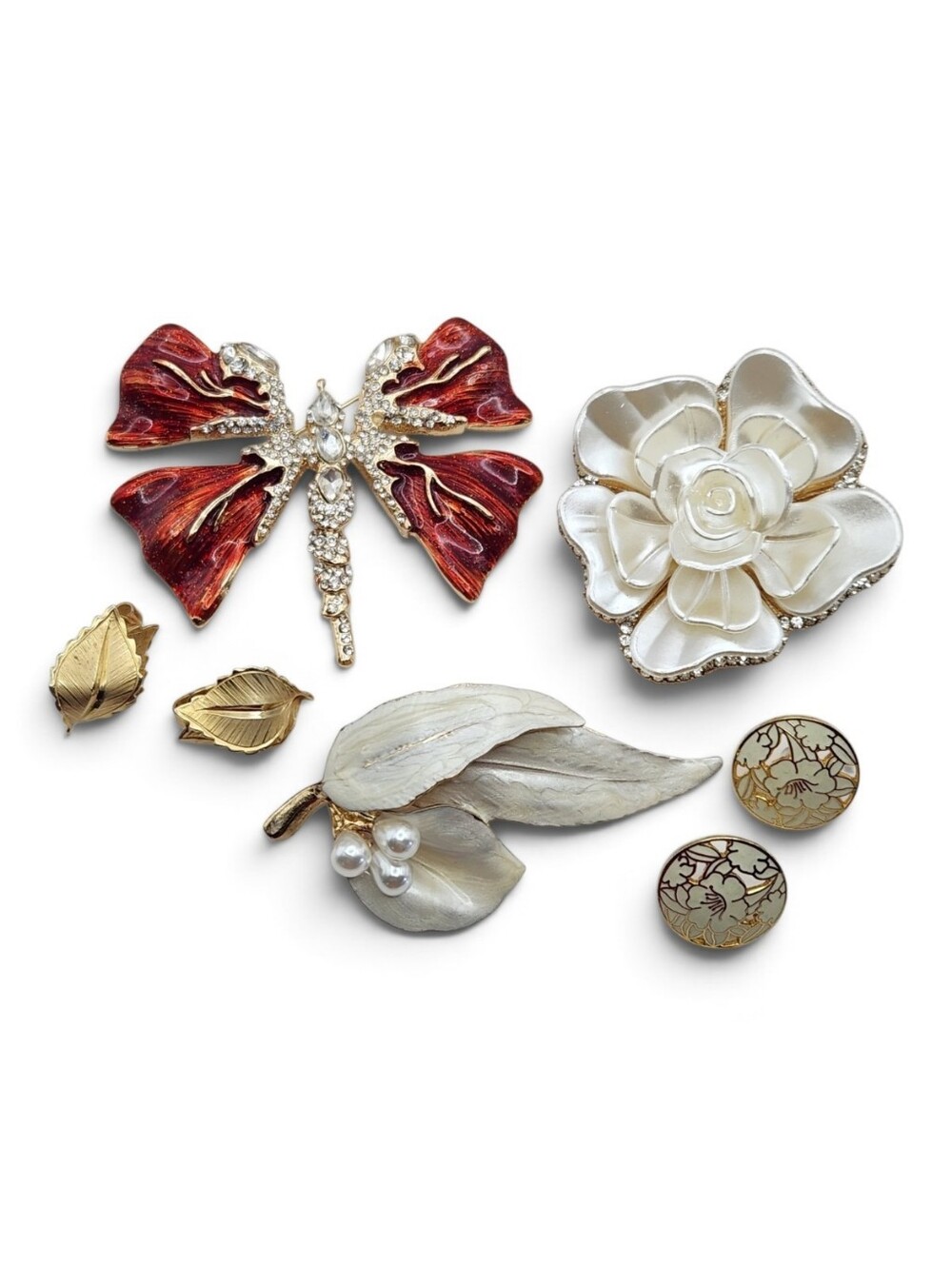 Assorted Decorative Earrings and Brooch Bundle in Red, White, and Gold